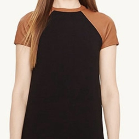 LAUREN RALPH LAUREN FAUX LEATHER SLEEVE BLACK TOP - Picture 1 of 6